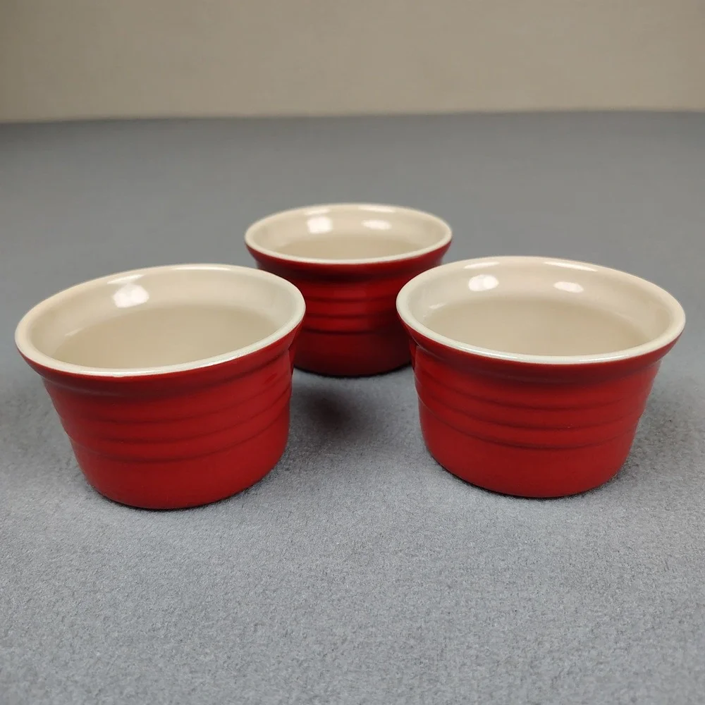 Le Creuset Ramekin Set (3) Cherry Red Stoneware Stackable Ribbed 12-24 Excellent